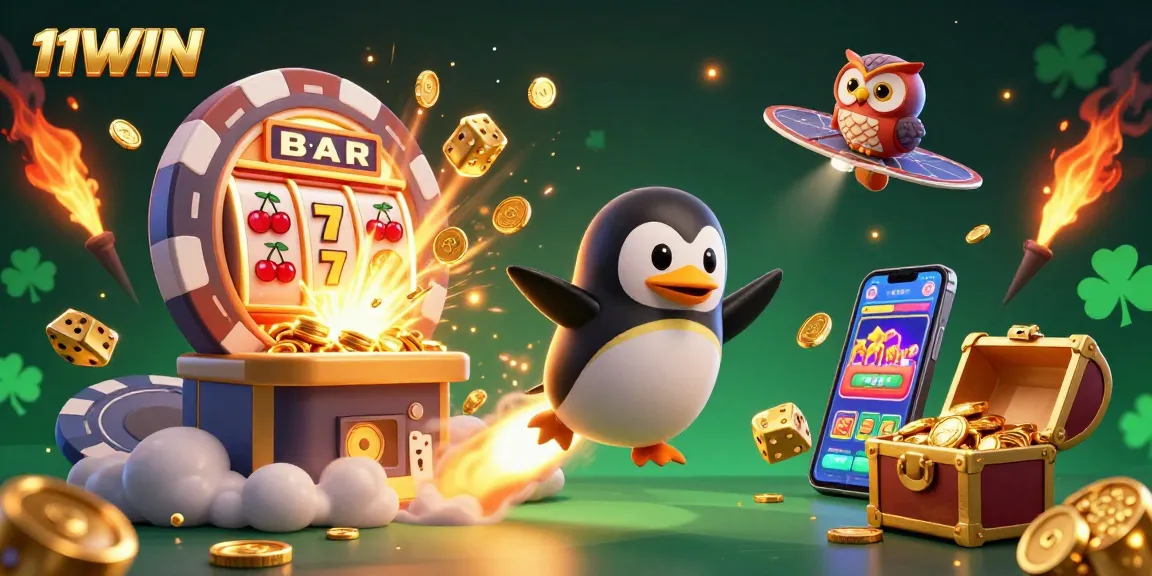11WIN offers thrilling casino adventures with a golden penguin and vibrant gaming elements in a 3D casino illustration.