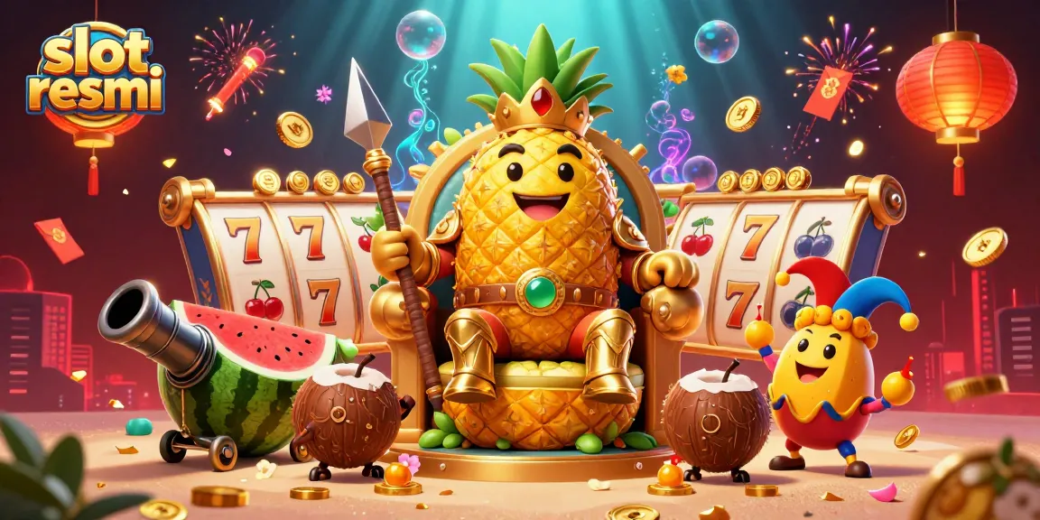 Engage with slot resmi's exciting casino atmosphere featuring vibrant characters, slot reels, and golden coins.