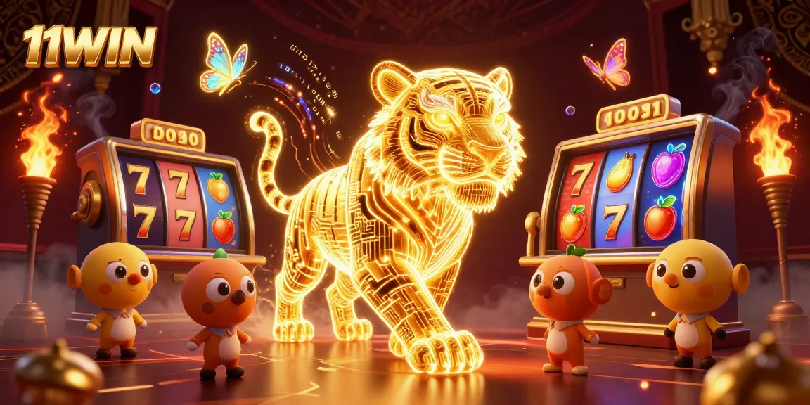 Experience winning excitement with 11WIN's ultra-detailed casino illustration featuring golden tiger and slot elements.