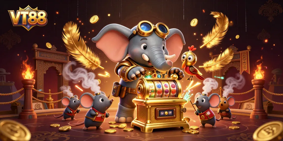 Spin the golden slot machine with VT88's steampunk elephant engineer amidst a vibrant casino environment.
