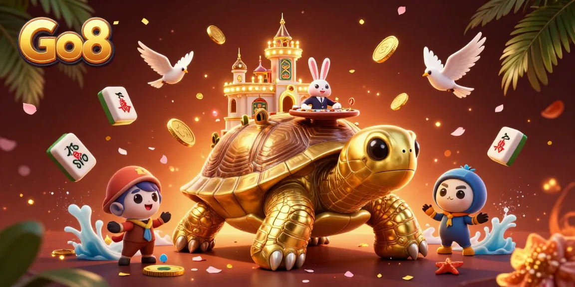 Watch Go8 players win big while enjoying a vibrant casino experience with golden tortoise and lucky symbols.