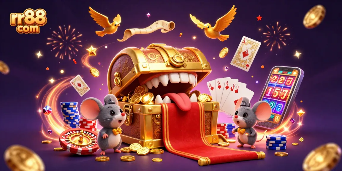 Experience thrilling gaming adventures with rr88 com's cartoon treasure chest and casino elements.