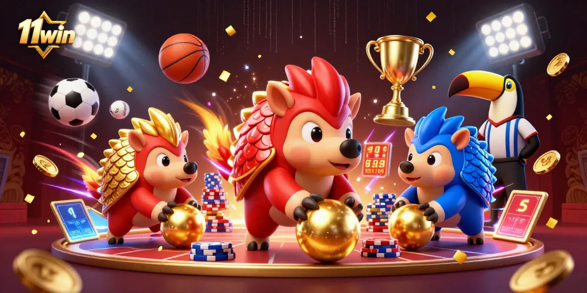 11win pangolins compete in a vibrant casino scene with poker chips and sports elements.