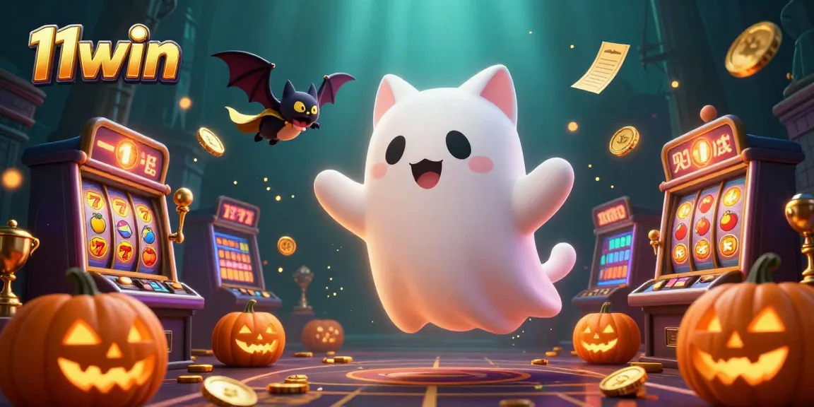 Experience 11win's thrilling gaming action with ghostly characters among vibrant slot elements.
