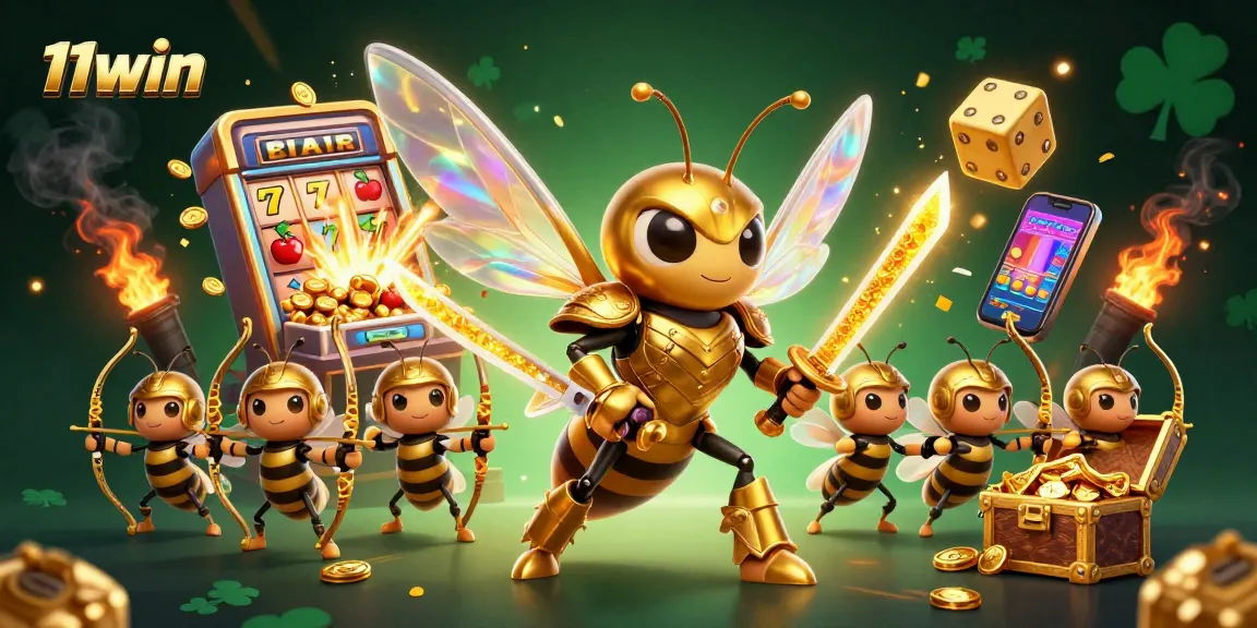 Experience the thrill of 11win with a vibrant 3D casino scene featuring golden hornets and jackpot symbols.
