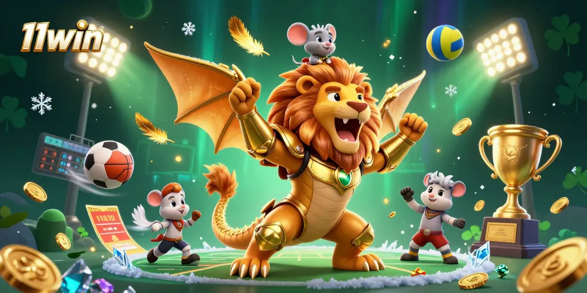 11win showcases triumphant gaming action with a chimera and sports elements in a vibrant casino scene.