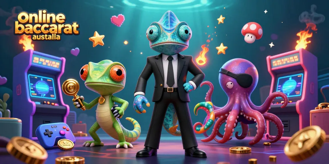 Engage in online baccarat Australia with a colorful 3D scene featuring a secret agent chameleon, gadgets, and an octopus.