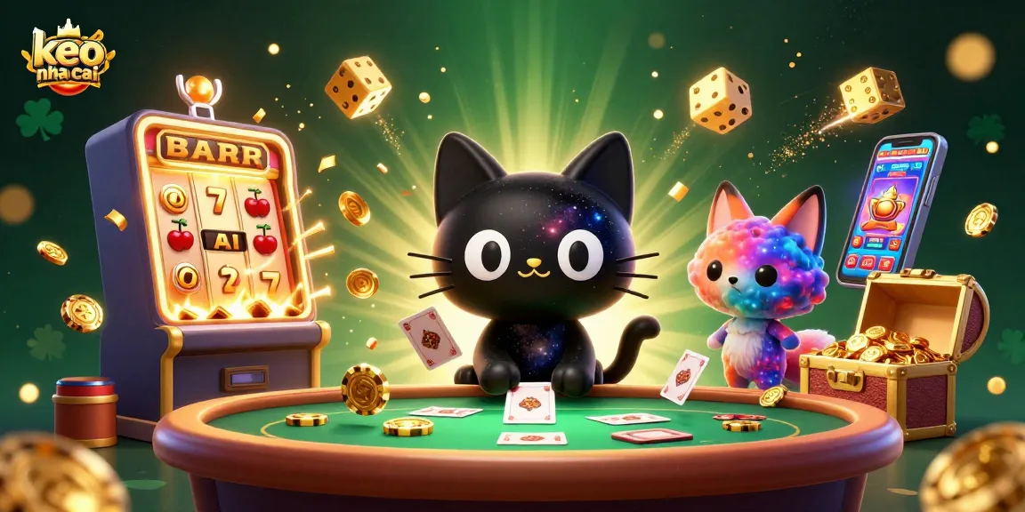 Experience keo nha cai magic as the cosmic cat attracts luck with golden chips, a vibrant casino scene.