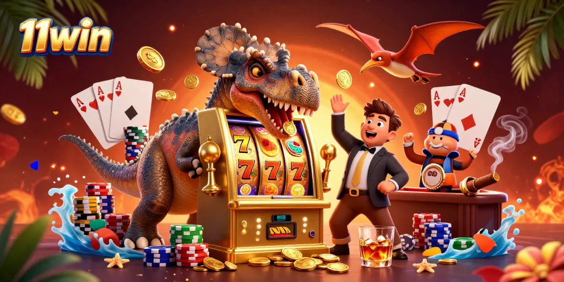 Experience jackpot excitement at 11win with a vivid scene of a dinosaur hitting slots and a casino manager!