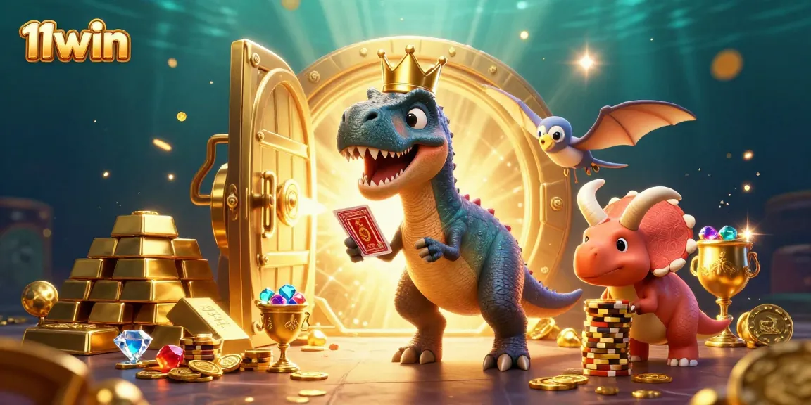 11win casino features T-Rex and friends shuffling cards and stacking chips amidst treasures.