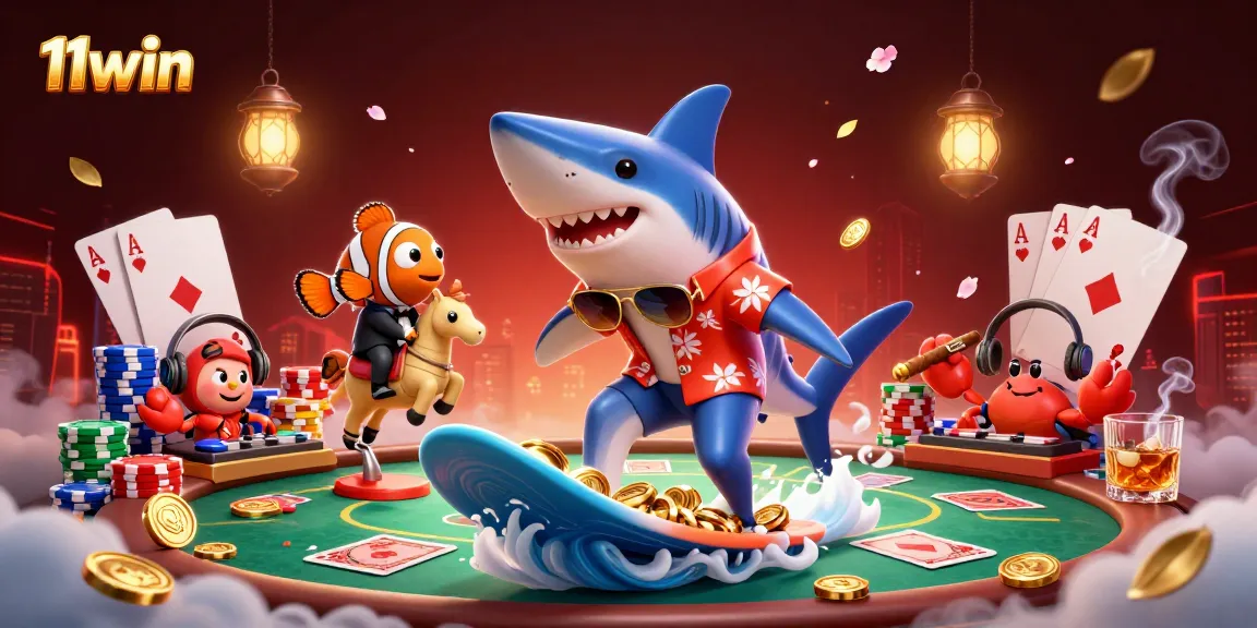 Engage in thrilling gameplay with 11win featuring a surfing shark, poker elements, and vibrant coral scene.